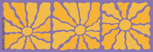 Trendy groovy sunburst rays wall art, poster. Boho style 70s wavy sun compositions set