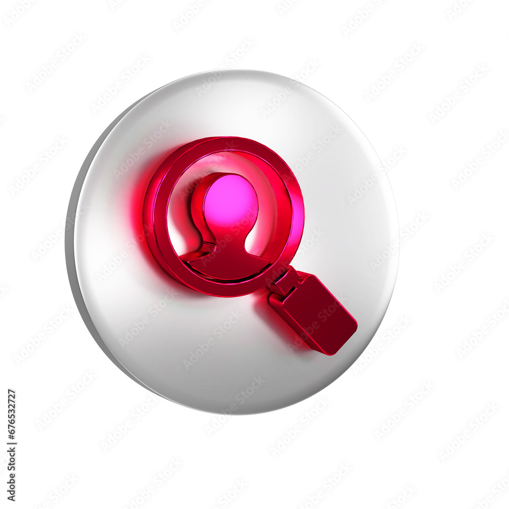 Red Magnifying glass for search a people icon isolated on transparent background. Recruitment or selection. Search for employees and job. Silver circle button. Red Magnifying glass for search a people icon isolated on transparent background. Recruitment or selection. Search for employees and job. Silver circle button.