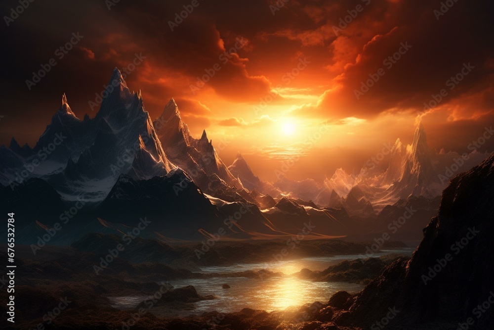 Scenic landscape of sun rising over mountains. Generative AI
