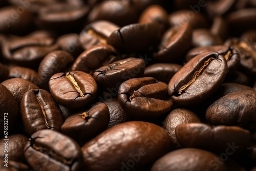 Close-up of roasted coffee beans as background. Generative AI