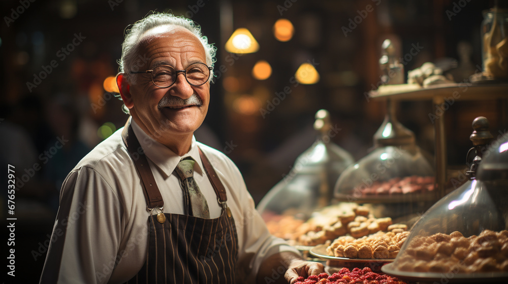 Elderly man in a bakery shop. Elderly man in a bakery shop.