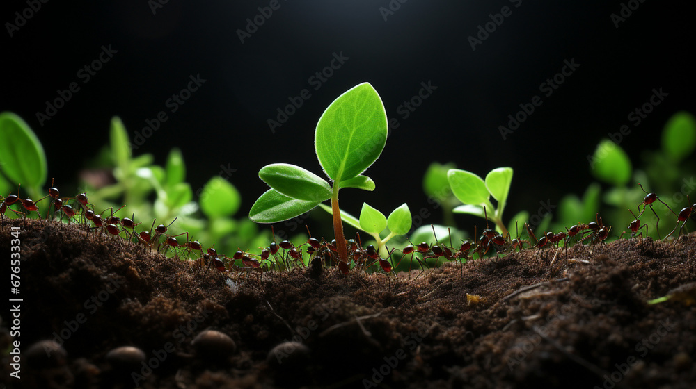a very zoomed out picture of a lot of ants carrying a small green leaf created with Generative Ai