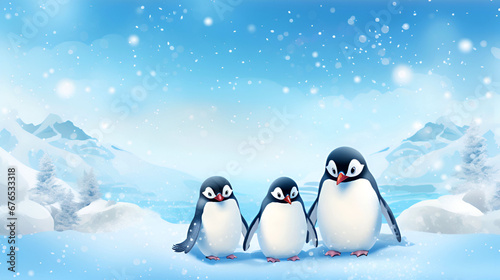 Three cute penguins in the snow in Antarctica Copy Space.