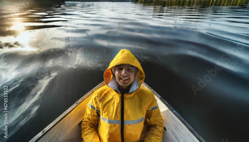 Asian man tourist in a yellow rain jacket smiling at the boat on the lake