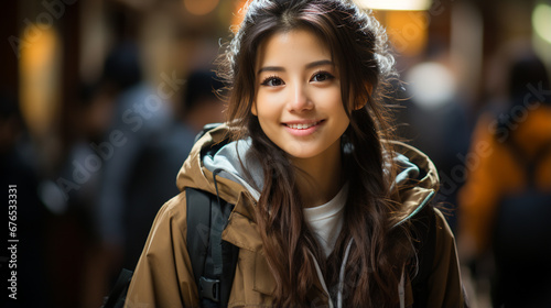 Asian girl smiling happy with backpack at train or subway station. College or university student in the crowd. Teenager at school. Diffuse background with copy space.