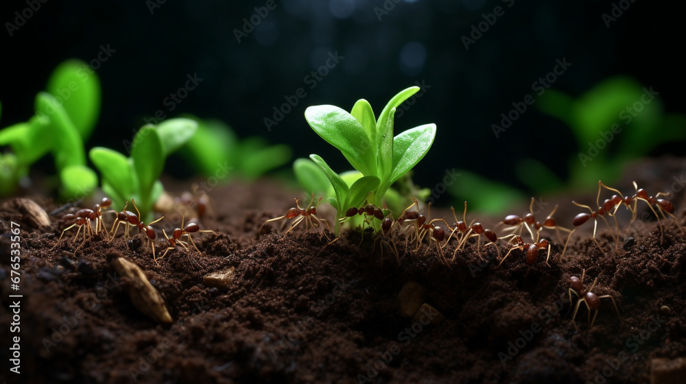 Fototapeta premium a very zoomed out picture of a lot of ants carrying a small green leaf created with Generative Ai