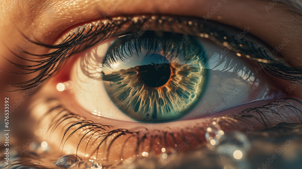 Beautiful human eye close-up, with water reflection.Macro. - obrazy, fototapety, plakaty 
