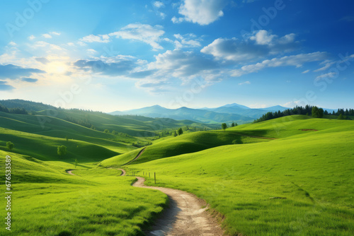 Panoramic spring landscape - picturesque winding path through a green grass field in hilly landscape with blue sky © Guido Amrein