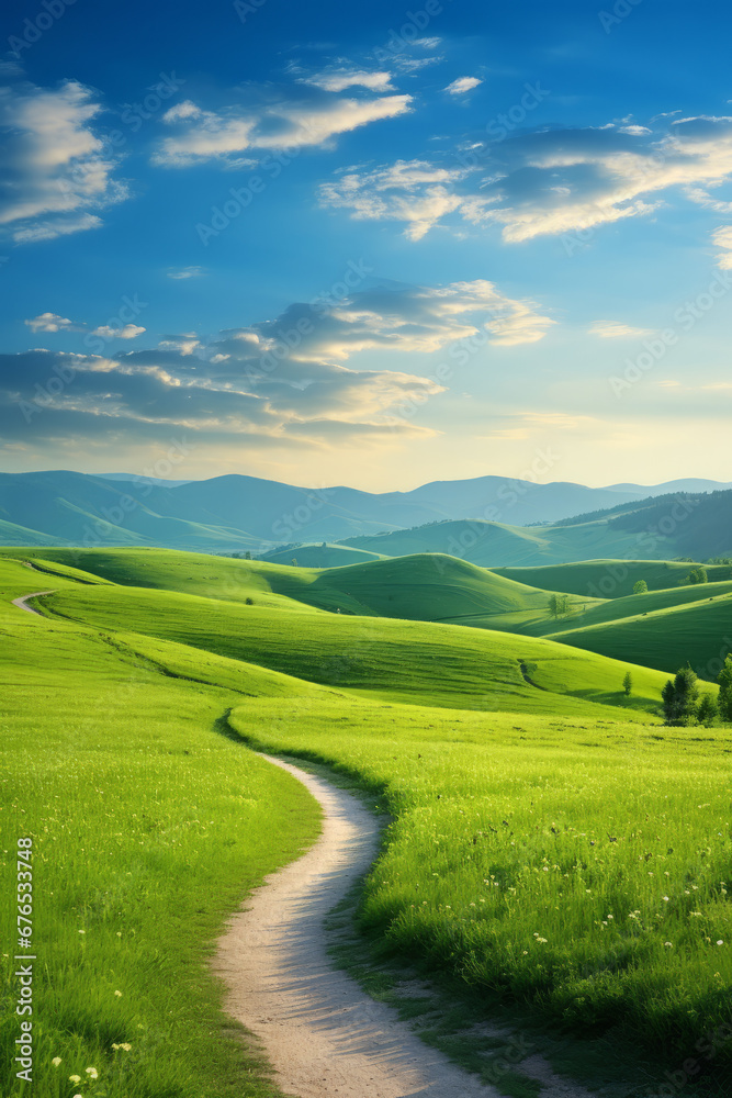 Panoramic spring landscape - picturesque winding path through a green grass field in hilly landscape with blue sky Panoramic spring landscape - picturesque winding path through a green grass field in hilly landscape with blue sky