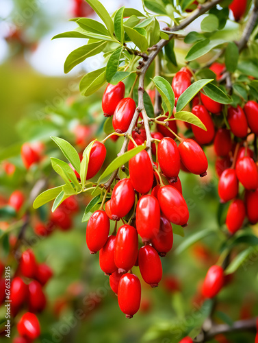 Fresh red goji berries growing on a branch, blurry background 