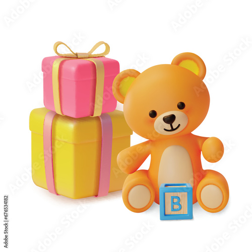 3d Kid Toy Concept Cartoon Style Include of Cute Teddy Bear and Present Box Pile. Vector illustration
