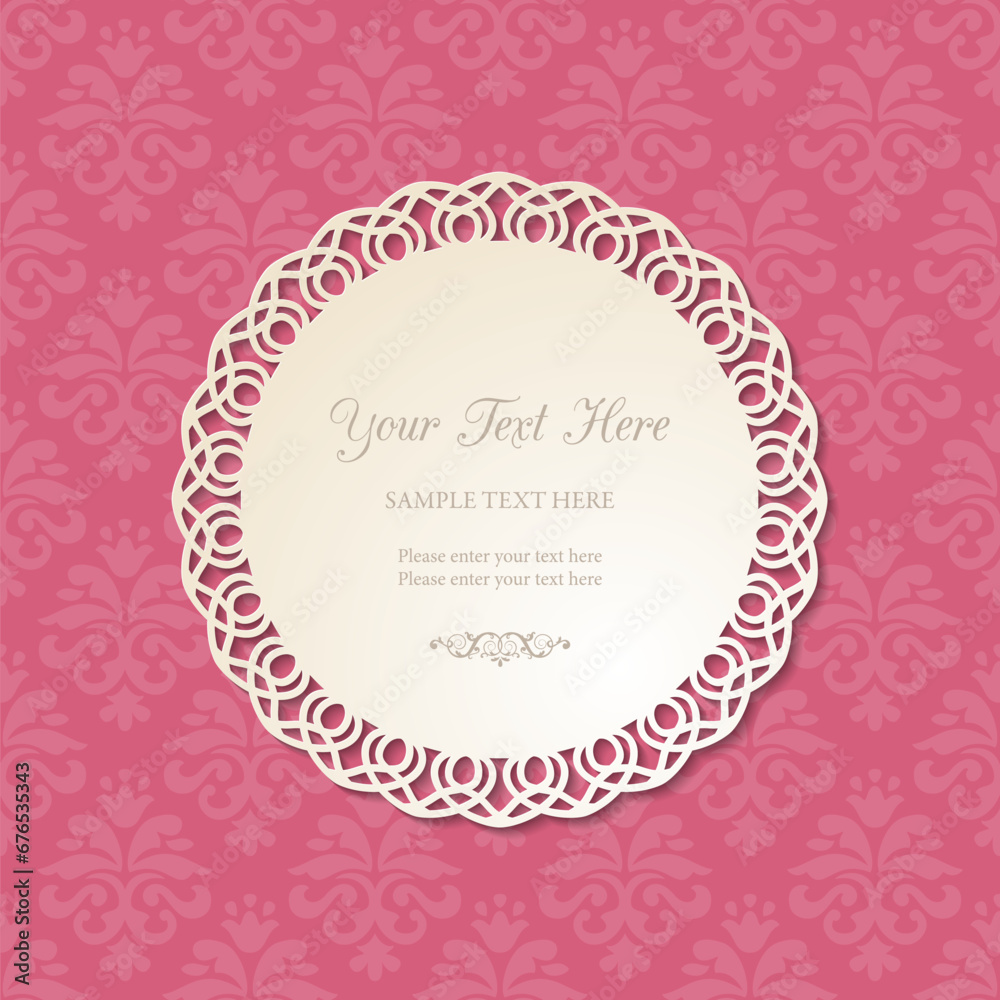 Cutout 3D circular lacy figure frame with shadow on pink ornate background. Wedding invitation, greeting card or baby shower design template. Vector illustration. Cutout 3D circular lacy figure frame with shadow on pink ornate background. Wedding invitation, greeting card or baby shower design template. Vector illustration.