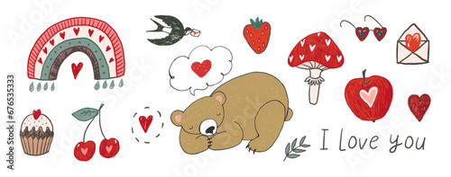 Valentine's day sleeping bear vector illustrations set.