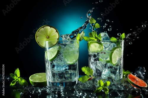 Mixed drinks with lime and mint on a clear background. Generative AI
