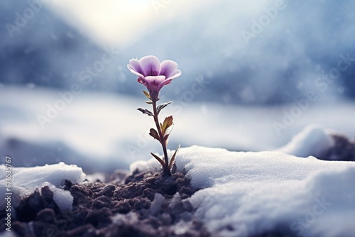 A beautiful flower blooming amidst the snowy landscape. Generative AI