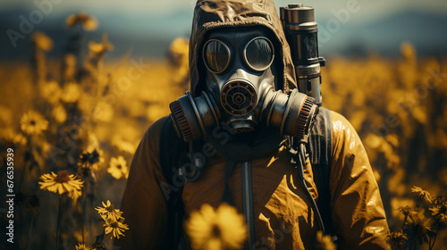 Human in protect suit and gas mask standing in a field.