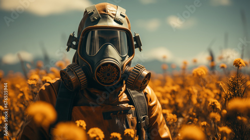 Human in protect suit and gas mask standing in a field.