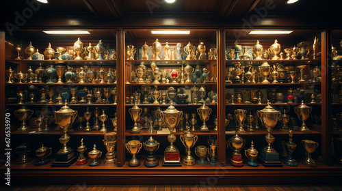 Many golden trophies. Room for winner photo