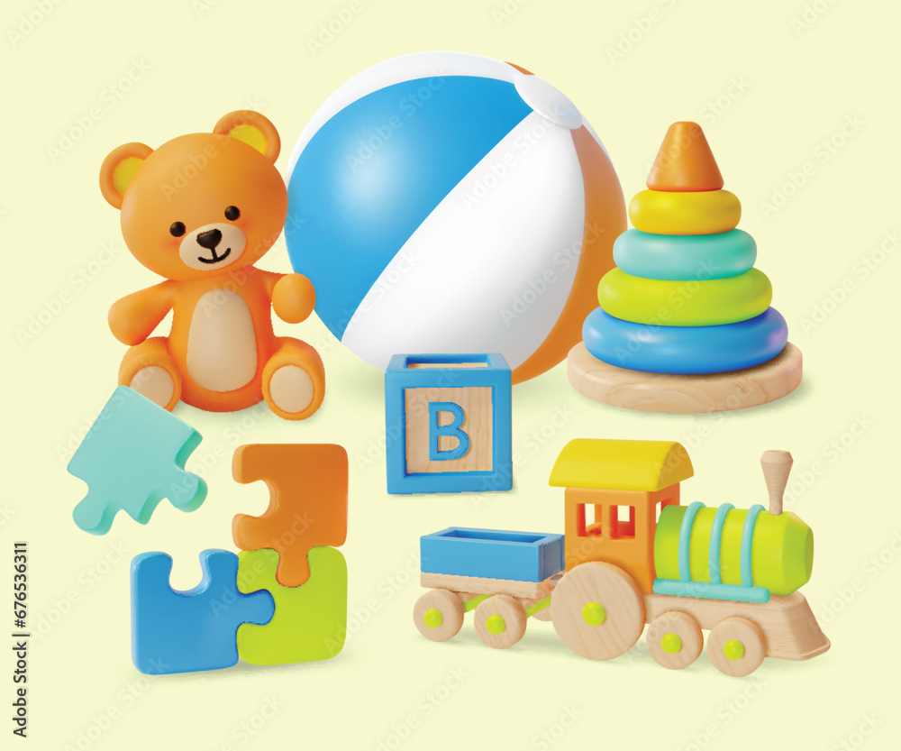 3d Kid Toy Concept Cartoon Style Include of Ball, Teddy Bear, Wooden Train and Pyramid with Colorful Rings. Vector illustration 3d Kid Toy Concept Cartoon Style Include of Ball, Teddy Bear, Wooden Train and Pyramid with Colorful Rings. Vector illustration