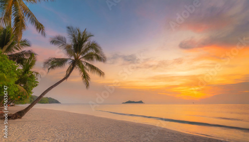 island palm tree sea sand beach panoramic beach landscape inspire tropical beach seascape horizon orange and golden sunset sky calmness tranquil relaxing summer mood vacation travel holiday banner © Debbie