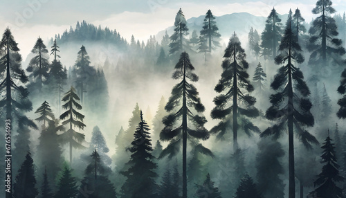 abstract and geometric shape nature forest full of misty pine trees pc desktop wallpaper background ai generated