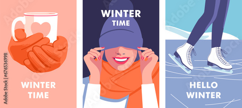 Winter time. Concept of vacation, party and travel. Female hands in knitted gloves holding a cup of coffee or tea. Woman hidden eyes by hat and laughs. Woman skates on ice rink. Vector illustration.