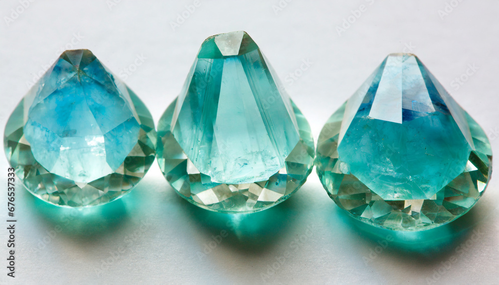Fototapeta premium vibrant aquamarine crystal gemstone trio on white background