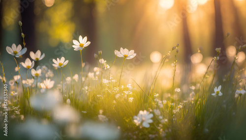 dream fantasy soft focus sunset field landscape of white flowers and grass meadow warm golden hour sunset sunrise time bokeh tranquil spring summer nature closeup abstract blurred forest background photo