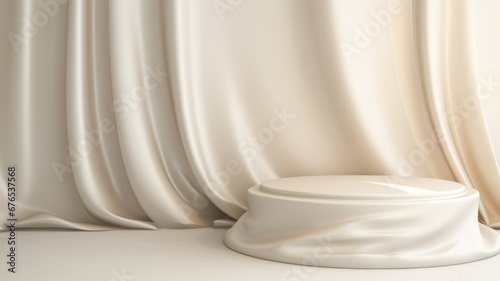 Podium with ivory satin drapes with a ivory drapes in background, Premium showcase mockup template for Beauty, Cosmetic, Luxury products, with copy space for text photo