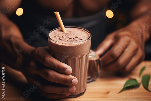 man with protein shake on table photo