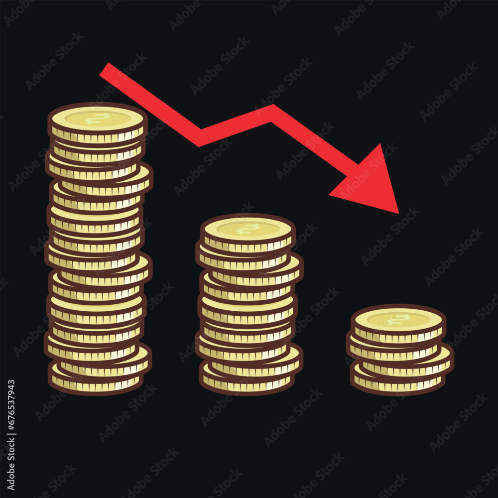 Money golden stacks and red arrow on black background. Vector illustration banner, poster Money golden stacks and red arrow on black background. Vector illustration banner, poster