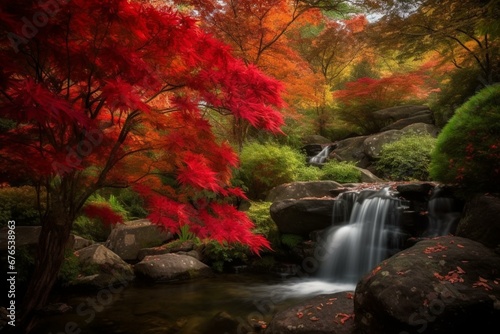 A serene waterfall adorned with vibrant foliage. Generative AI