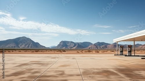 Empty modern gas station in USA desert large copyspace