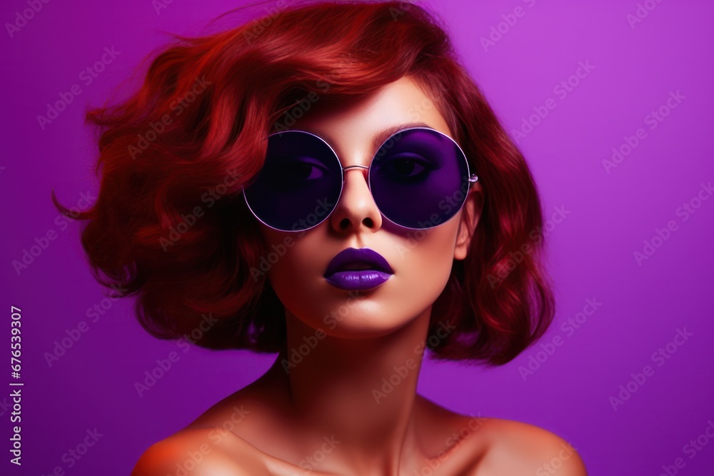 woman in sunglasses against violet background