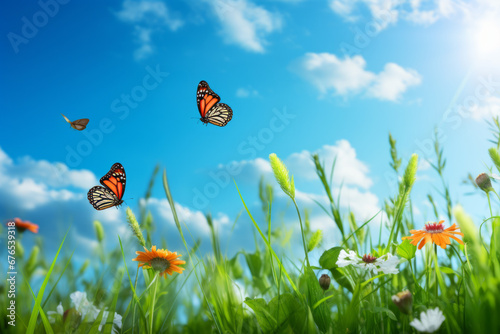 Spring nature panorama - green juicy grass with fluttering butterflies, blue sky