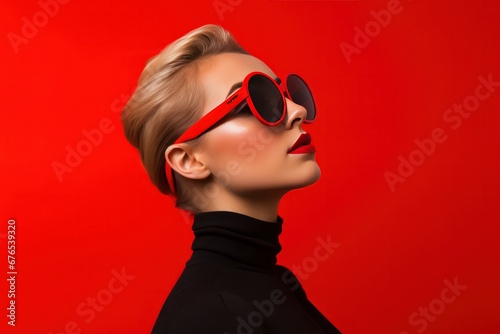 woman wearing sunglasses looks up at red background