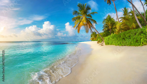 fantastic sunny panorama at maldives luxury resort seascape majestic sea waves coconut palm trees sand sunshine sky beauty paradise beach popular destination best summer vacation travel background © Raymond
