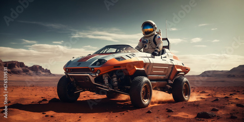 Astronaut riding quad bike on surface of the mars, galaxy view.