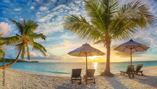 fantastic panoramic view sandy shore soft sunrise sunlight over chairs umbrella and palm trees tropical island beach landscape exotic coast summer vacation holiday relaxing sunrise leisure resort © Raymond