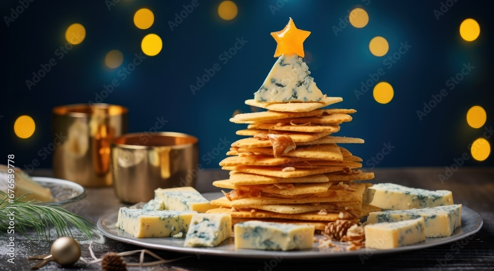 small christmas tree cheese crisp appetizers on a wooden