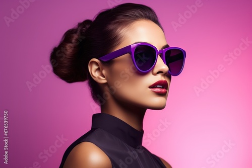 woman in sunglasses against violet background