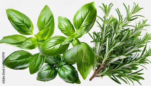 fresh green organic basil and rosemary leaves isolated on white background with clipping path transparent background and natural transparent shadow basil and rosemary herb collection for design