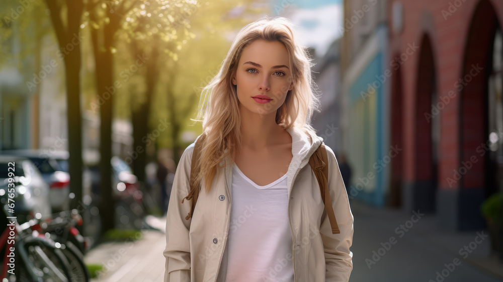 Beautiful elegant young model walking and strolling outdoors in sunny spring day.