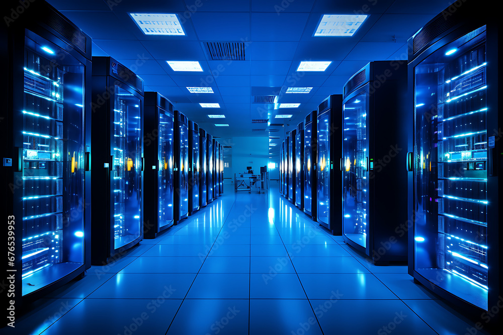 Vista interior de una data centre o CPD. Pasillos con racks de ...