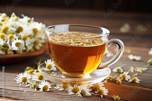 dry chamomile flowers and Homemade Herbal Tea on a Wooden Table