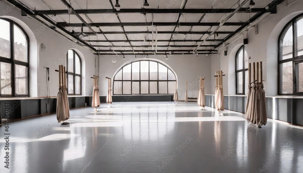 panoramic empty gym with windows for ballet classes