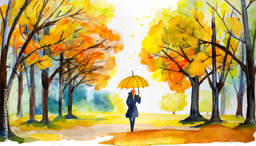a figure with an umbrella in an autumn yellow park with trees on a white background watercolor paint drawing