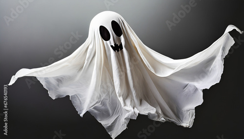 flying halloween ghost in a white sheet png file of isolated cutout object with shadow on transparent background