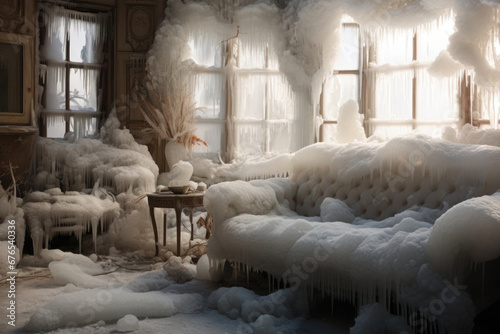 Interior of the frozen living room with furniture covered with ice. Extremely low temperature in apartment in winter season. Rising heating costs due to energy crisis photo