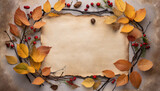 background with copy space ancient parchment paper with a frame of ornaments of autumn branches and leaves autumn blank